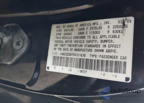 2009 Honda Accord 3.5 Ex-L z USA, uszkodzony, nr VIN 1HGCS22879A007476